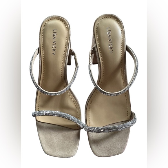 Lisa Vicky Women’s Mood V Silver Hotfix Block Heels Slip On Sandal Size 7 M New - Picture 5 of 7
